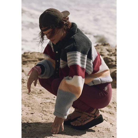 New Free People Hit The Slopes Fleece Jacket Run Stripe Papaya Combo - Picture 5 of 9